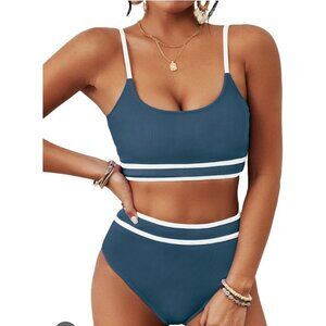 Womens Large High Waisted Bikini Set Adj Straps Ribbed Texture Green White